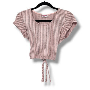 Mad Rag Women's Striped Woven Open Back Lattice Tie Cropped Top Pink Small